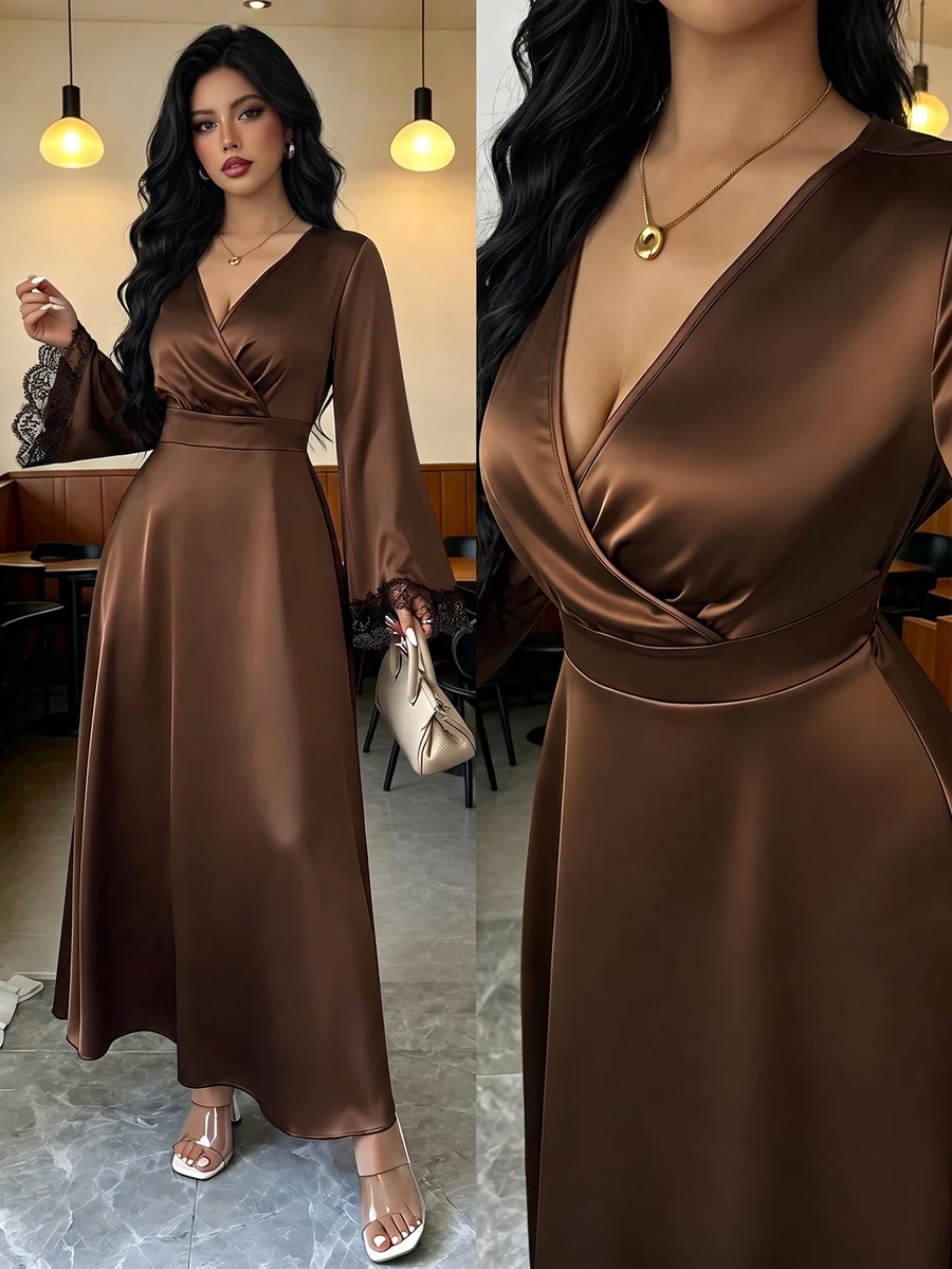 Rafferiza Dress A-Line Cinched Waist Textured Satin Wrap V-Neck Contrast Lace Cuffs Elegant Mature Date Dinner Party Chocolate Brown Long Thanksgiving Fall - Coffee - View 1