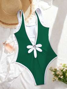 Swim SPRTY Women's Color Block One-Piece Swimsuit, Suitable For Beach Vacation, Pool Party, Beach Party Green Summer Sexy - Green - View 6