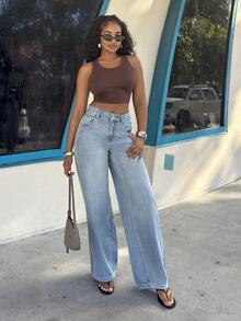 Alexandranx Women's Casual Zipper Fly Wide Leg Jeans,Baggy Jeans - Light Wash - View 1