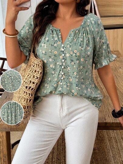 SHEIN Women's Summer Casual Vacation Pastoral Green Ditsy Floral Print Round Neck Puff Short Sleeve Mid-Length Loose Blouse