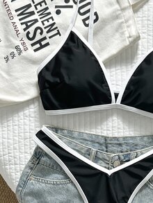 SHEIN Swim 2件組女款夏季紅白配色拼接細肩帶高衩性感比基尼套裝 - 黑色 - 查看 4