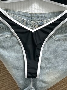 SHEIN Swim 2件組女款夏季紅白配色拼接細肩帶高衩性感比基尼套裝 - 黑色 - 查看 5