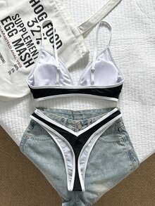 SHEIN Swim 2件組女款夏季紅白配色拼接細肩帶高衩性感比基尼套裝 - 黑色 - 查看 2