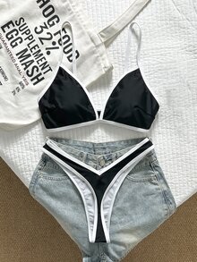 SHEIN Swim 2件組女款夏季紅白配色拼接細肩帶高衩性感比基尼套裝 - 黑色 - 查看 1