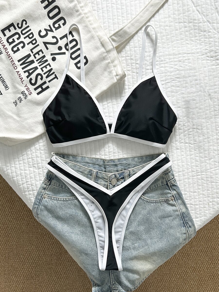 SHEIN Swim 2件組女款夏季紅白配色拼接細肩帶高衩性感比基尼套裝 - 黑色 - 查看 1