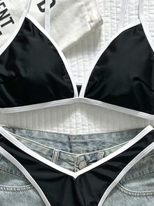 SHEIN Swim 2件組女款夏季紅白配色拼接細肩帶高衩性感比基尼套裝 - 黑色 - 查看 6