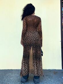 Alexandranx Women's Winter/All-Season Rave Party Renaissance Fair Hippie Music Festival Vintage Gyaru Mesh Straps Ruffle Ribbon Leopard Long Coat - Brown - View 2