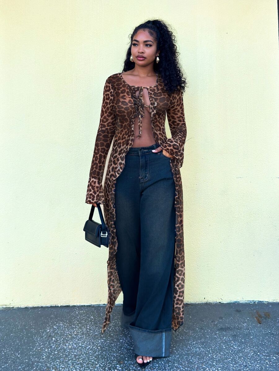 Alexandranx Women's Winter/All-Season Rave Party Renaissance Fair Hippie Music Festival Vintage Gyaru Mesh Straps Ruffle Ribbon Leopard Long Coat - Brown - View 1