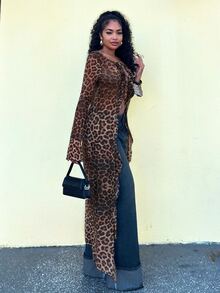 Alexandranx Women's Winter/All-Season Rave Party Renaissance Fair Hippie Music Festival Vintage Gyaru Mesh Straps Ruffle Ribbon Leopard Long Coat - Brown - View 5