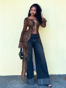 Alexandranx Women's Winter/All-Season Rave Party Renaissance Fair Hippie Music Festival Vintage Gyaru Mesh Straps Ruffle Ribbon Leopard Long Coat - Brown - View 3