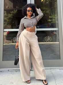 Alexandranx Women Long Sleeve Single-Breasted Striped Cropped Sexy Shirt Fall Cloth For Women - Camel - View 4
