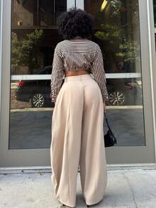 Alexandranx Women Long Sleeve Single-Breasted Striped Cropped Sexy Shirt Fall Cloth For Women - Camel - View 2