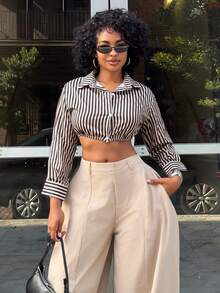 Alexandranx Women Long Sleeve Single-Breasted Striped Cropped Sexy Shirt Fall Cloth For Women - Camel - View 1