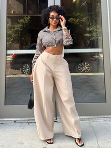 Alexandranx Women Long Sleeve Single-Breasted Striped Cropped Sexy Shirt Fall Cloth For Women - Camel - View 3