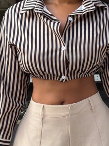 Alexandranx Women Long Sleeve Single-Breasted Striped Cropped Sexy Shirt Fall Cloth For Women - Camel - View 6