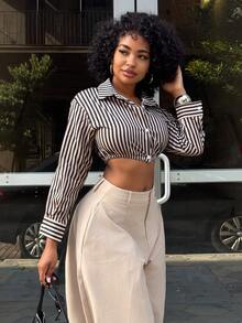 Alexandranx Women Long Sleeve Single-Breasted Striped Cropped Sexy Shirt Fall Cloth For Women - Camel - View 5