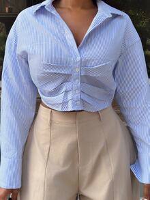 Alexandranx 女士休闲条纹短款褶皱长袖衬衫，春季 - 藍色 - 查看 6
