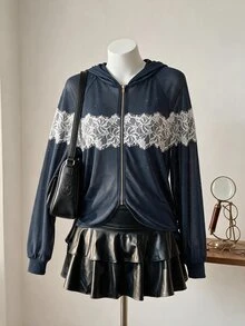 SHEIN MOD Jaket Wanita Regular dengan Detail Renda Kontras, Resleting, dan Tudung - Dark Grey - View 1
