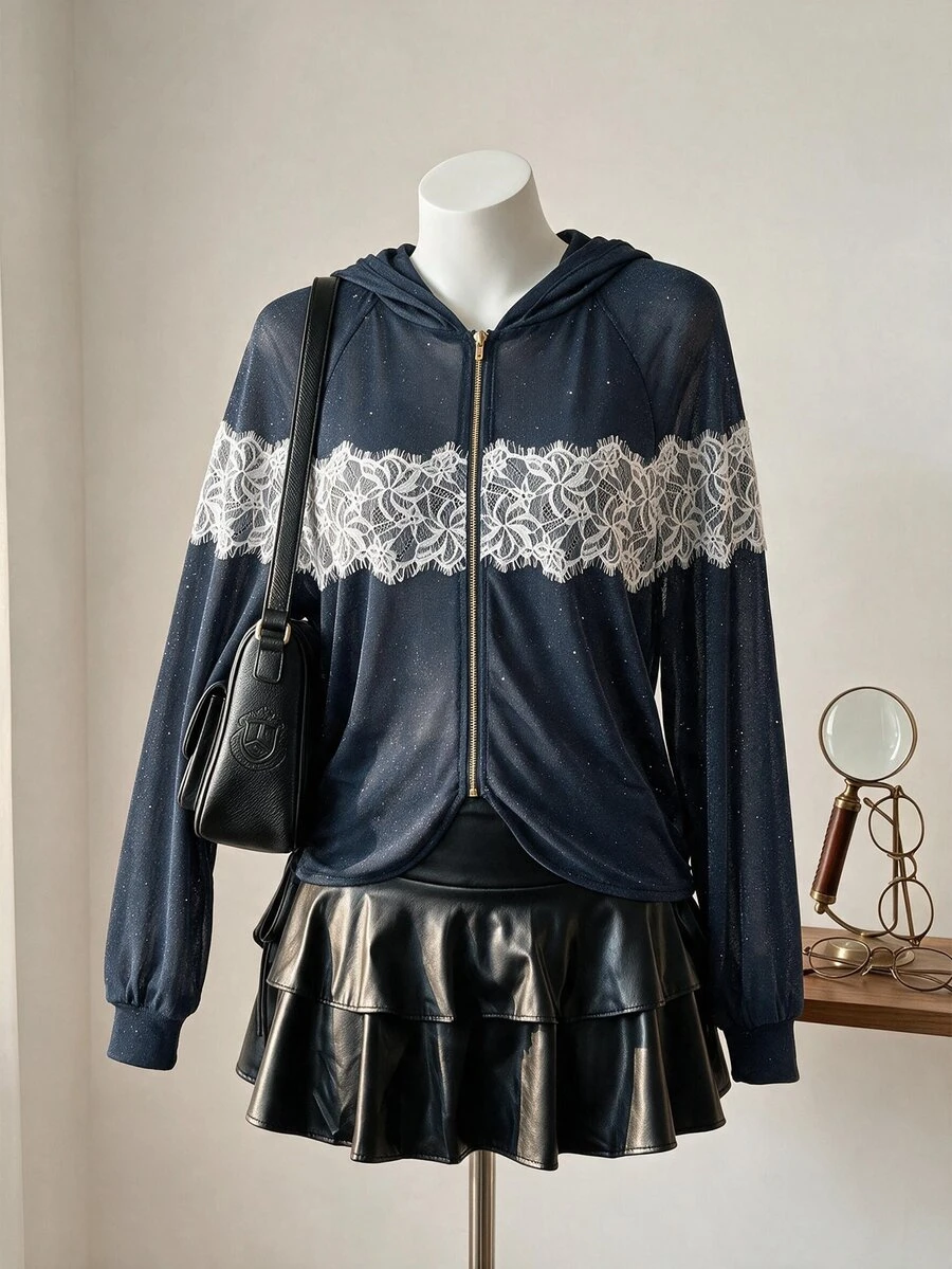 SHEIN MOD Jaket Wanita Regular dengan Detail Renda Kontras, Resleting, dan Tudung - Dark Grey - View 1