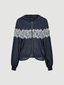 SHEIN MOD Jaket Wanita Regular dengan Detail Renda Kontras, Resleting, dan Tudung - Dark Grey - View 3