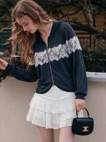 SHEIN MOD Jaket Wanita Regular dengan Detail Renda Kontras, Resleting, dan Tudung - Dark Grey - View 2