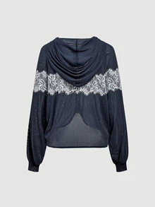 SHEIN MOD Jaket Wanita Regular dengan Detail Renda Kontras, Resleting, dan Tudung - Dark Grey - View 4