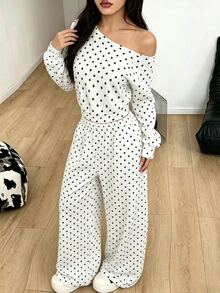 青少年女孩 2 件套連帽衫套裝 秋季穿搭 黑白波點印花不對稱斜肩上衣搭配寬腿長褲 - 黑與白 - 查看 4