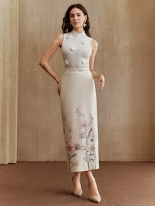 Anewsta 女士新款优雅印花针织中长裙，适合秋冬、圣诞节、新年、派对，优雅、奢华、正式、别致 - 杏色 - 查看 4