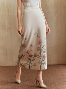 Anewsta 女士新款优雅印花针织中长裙，适合秋冬、圣诞节、新年、派对，优雅、奢华、正式、别致 - 杏色 - 查看 6