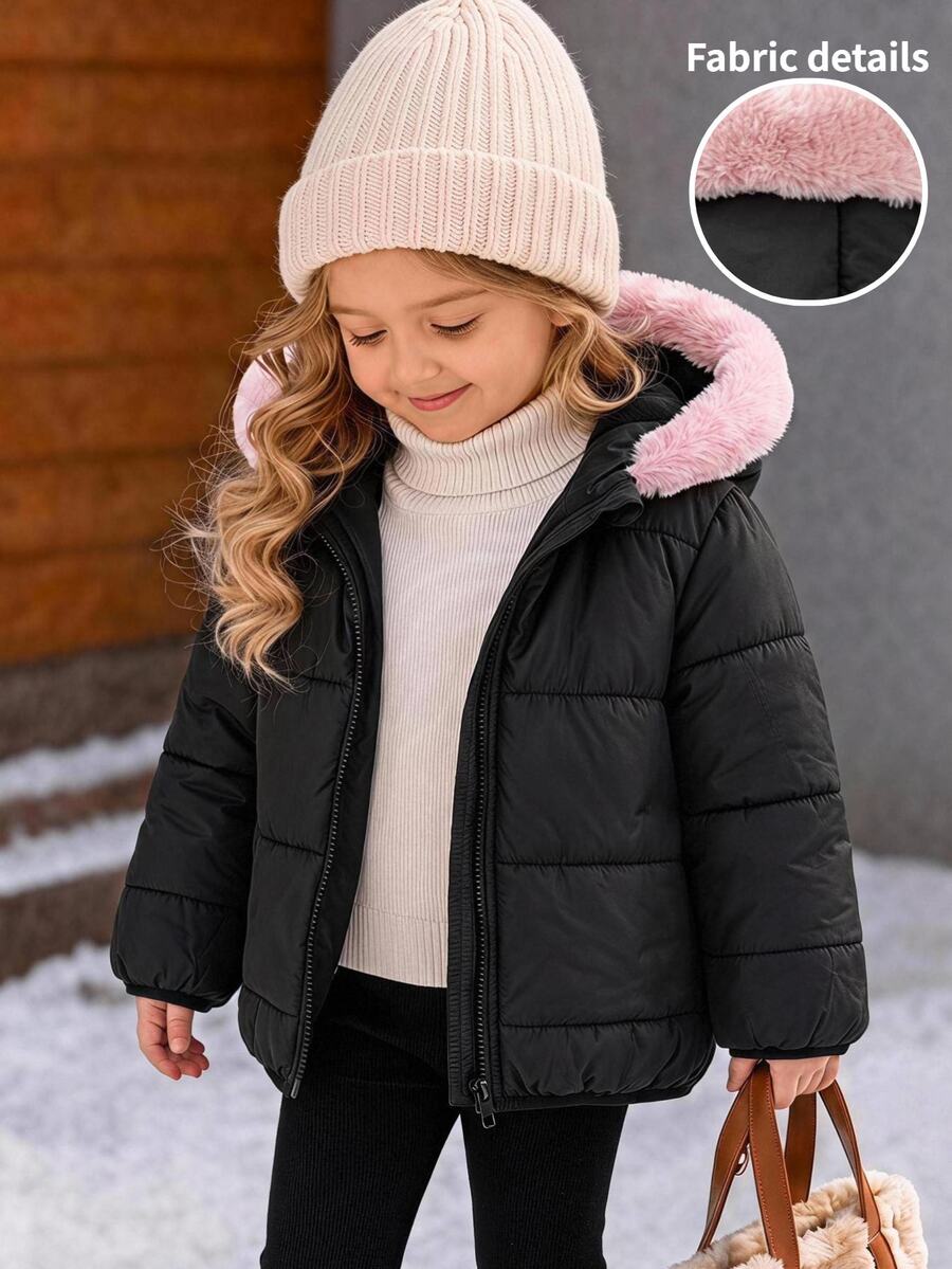 LMoss Kids معطف مبطن كاجوال للبنات الصغيرات منسوج بلون سادة مع تصميم باتشوورك وحافة من الفرو الصناعي المتباين - الأسود - مشاهدة 1