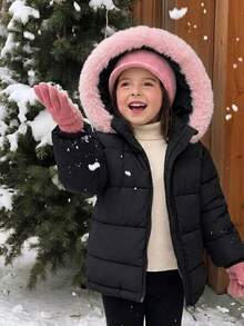 LMoss Kids معطف مبطن كاجوال للبنات الصغيرات منسوج بلون سادة مع تصميم باتشوورك وحافة من الفرو الصناعي المتباين - الأسود - مشاهدة 5