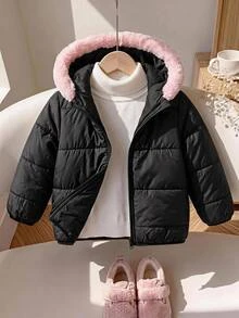 LMoss Kids معطف مبطن كاجوال للبنات الصغيرات منسوج بلون سادة مع تصميم باتشوورك وحافة من الفرو الصناعي المتباين - الأسود - مشاهدة 4