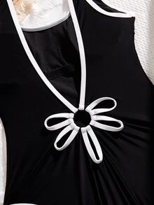 Swim SPRTY Women's Summer Beach Vacation Contrast Trim Wide Strap Backless One-Piece Swimsuit - Black and White - View 6