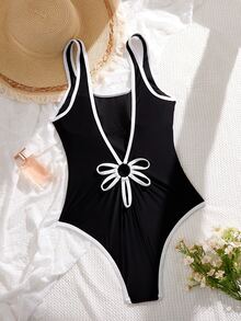Swim SPRTY Women's Summer Beach Vacation Contrast Trim Wide Strap Backless One-Piece Swimsuit - Black and White - View 7