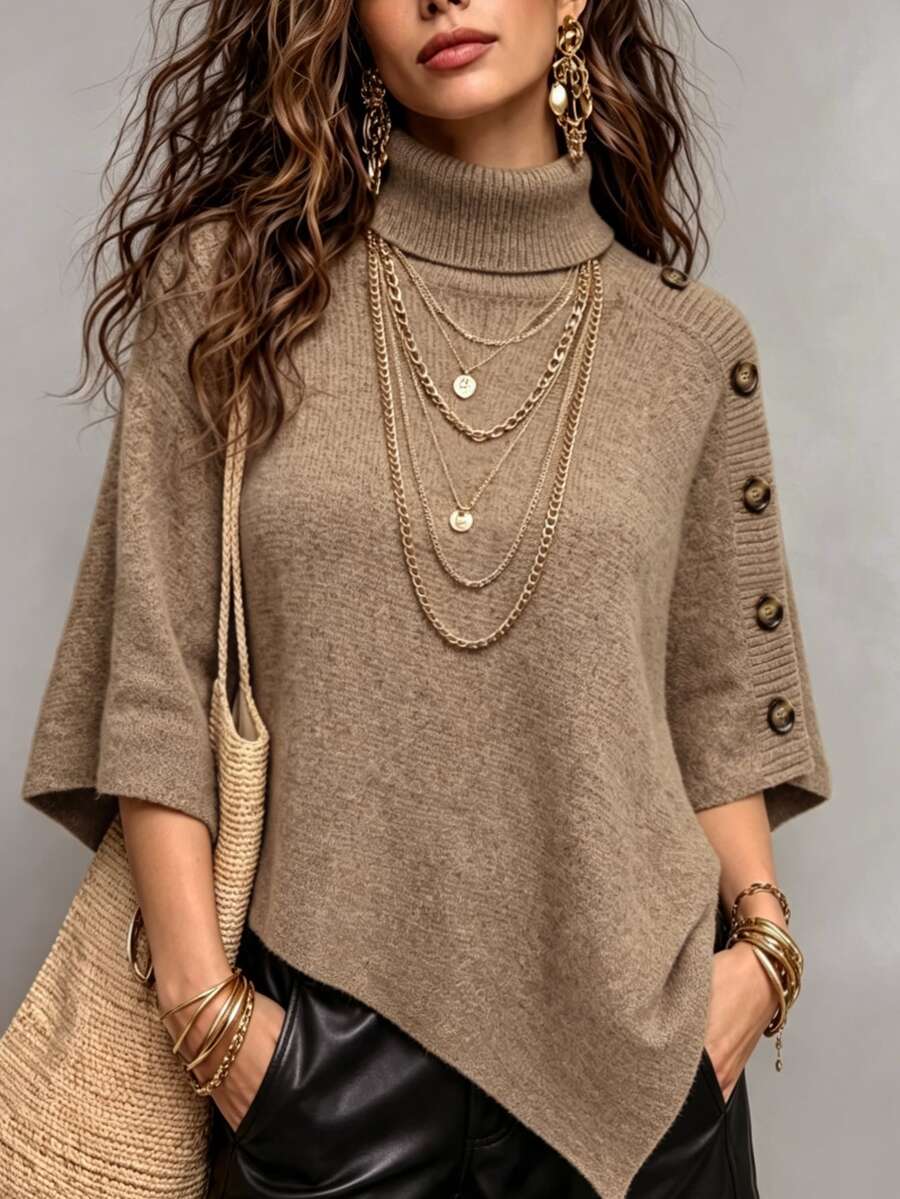 SHEIN Model Cape Rajut Asimetris French Lazy Musim Gugur/Musim Dingin Terbaru untuk Wanita, Kerah Gulung, Detail Kancing, Lengan Pendek, Potongan Longgar. - Khaki - View 1