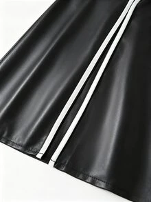 GlowEve CURVE 大尺碼女款經典黑白對比色極簡優雅時尚寬鬆A字PU皮革裙，彈性腰頭，適合辦公、晚宴、秋季穿著 - 黑與白 - 查看 6