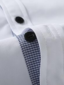 Manfinity Bizformal 男士純色斜紋織布鈕扣襯衫，白色標準版型長袖，對比色飾邊口袋，輕商務休閒通勤上衣，正式，老錢風 - 白色 - 查看 6