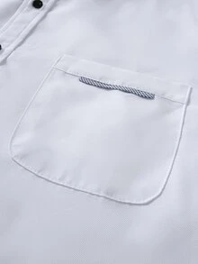 Manfinity Bizformal 男士純色斜紋織布鈕扣襯衫，白色標準版型長袖，對比色飾邊口袋，輕商務休閒通勤上衣，正式，老錢風 - 白色 - 查看 5