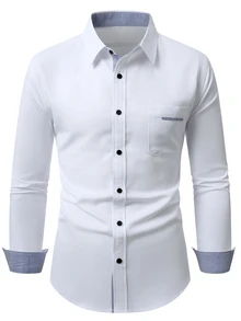 Manfinity Bizformal 男士純色斜紋織布鈕扣襯衫，白色標準版型長袖，對比色飾邊口袋，輕商務休閒通勤上衣，正式，老錢風 - 白色 - 查看 7