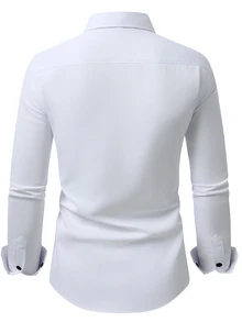 Manfinity Bizformal 男士純色斜紋織布鈕扣襯衫，白色標準版型長袖，對比色飾邊口袋，輕商務休閒通勤上衣，正式，老錢風 - 白色 - 查看 2