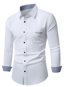 Manfinity Bizformal 男士純色斜紋織布鈕扣襯衫，白色標準版型長袖，對比色飾邊口袋，輕商務休閒通勤上衣，正式，老錢風 - 白色 - 查看 4
