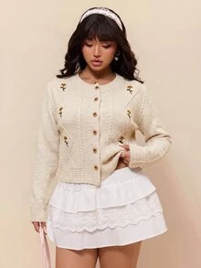 CovetEZ 大尺碼女款米色休閒 90 年代仙女風百搭日常開襟衫 約會之夜 辦公正式 秋季 - 杏色 - 查看 5