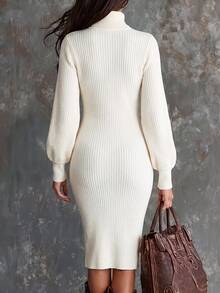 SHEIN فستان نسائي محبوك أنيق بلون موحد وأكمام طويلة مع سحاب نصف فتحة ضيق - كريم - مشاهدة 2