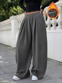 FavEase Women's Fleece Elastic Waist Solid Color Pleated Casual Comfy Sweatpants Airport Grey Winter - Dark Grey - View 1