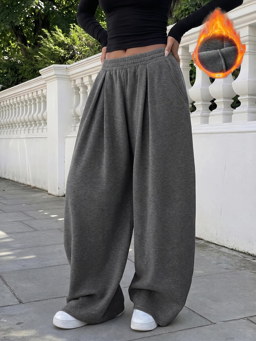 FavEase Women's Fleece Elastic Waist Solid Color Pleated Casual Comfy Sweatpants Airport Grey Winter - Dark Grey - View 1