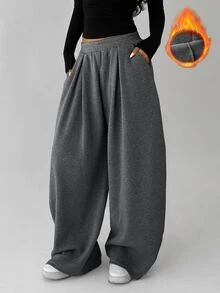FavEase Women's Fleece Elastic Waist Solid Color Pleated Casual Comfy Sweatpants Airport Grey Winter - Dark Grey - View 8