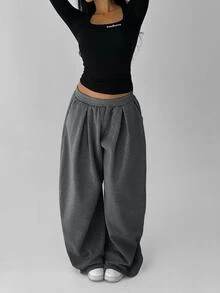 FavEase Women's Fleece Elastic Waist Solid Color Pleated Casual Comfy Sweatpants Airport Grey Winter - Dark Grey - View 7