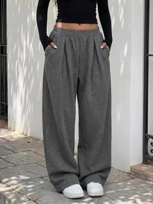 FavEase Women's Fleece Elastic Waist Solid Color Pleated Casual Comfy Sweatpants Airport Grey Winter - Dark Grey - View 5