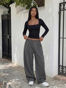 FavEase Women's Fleece Elastic Waist Solid Color Pleated Casual Comfy Sweatpants Airport Grey Winter - Dark Grey - View 6