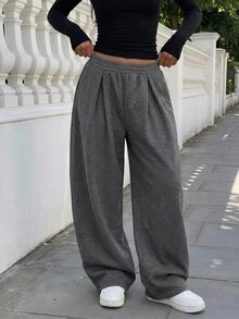 FavEase Women's Fleece Elastic Waist Solid Color Pleated Casual Comfy Sweatpants Airport Grey Winter - Dark Grey - View 3